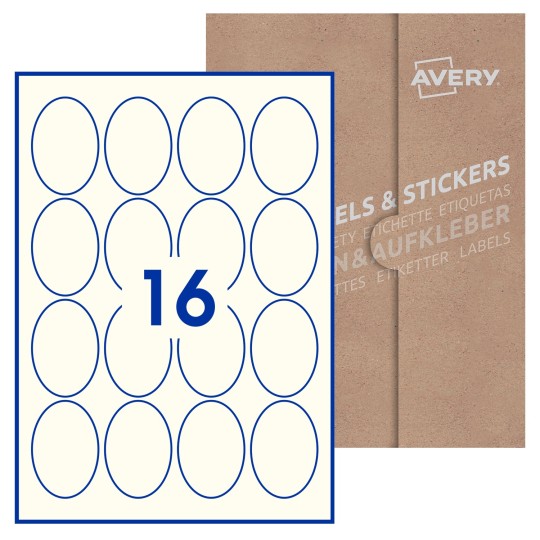 Hoja blanca con 16 etiquetas ovaladas 45x65mm con embalaje de papel