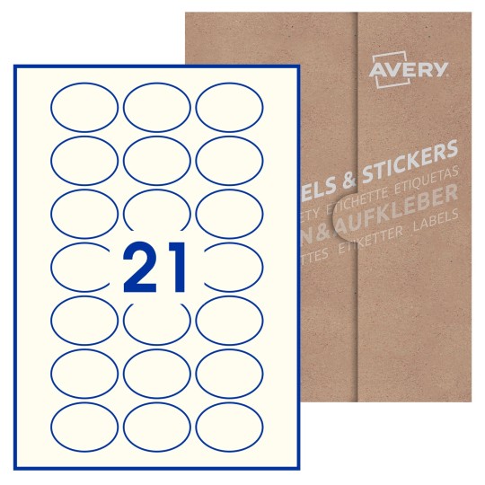 Hoja blanca con 21 etiquetas ovaladas 50x37mm con embalaje de papel