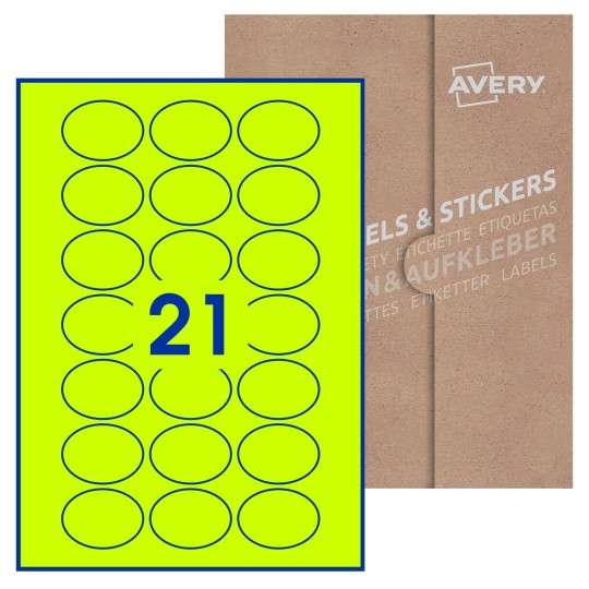 Hoja blanca con 21 etiquetas ovaladas 50x37mm con embalaje de papel