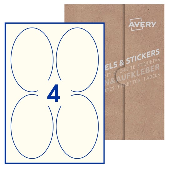 Hoja blanca con 4 etiquetas ovaladas 90x136mm con embalaje de papel