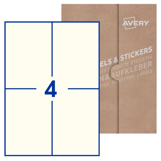 Hoja blanca con 4 etiquetas rectangulares 105x148mm con embalaje de papel