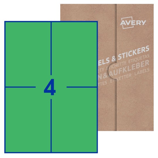 Hoja blanca con 4 etiquetas rectangulares 105x148mm con embalaje de papel