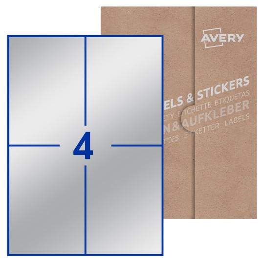Hoja blanca con 4 etiquetas rectangulares 105x148mm con embalaje de papel