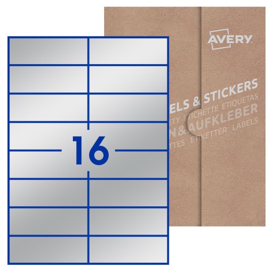 Hoja blanca con 16 etiquetas rectangulares 105x37mm con embalaje de papel