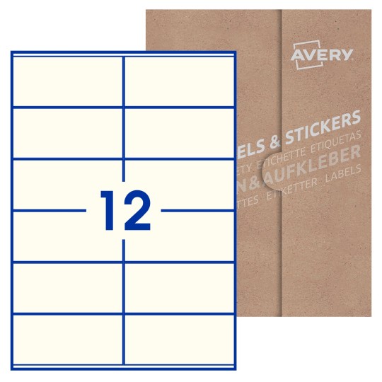Hoja blanca con 12 etiquetas rectangulares 105x48mm con embalaje de papel