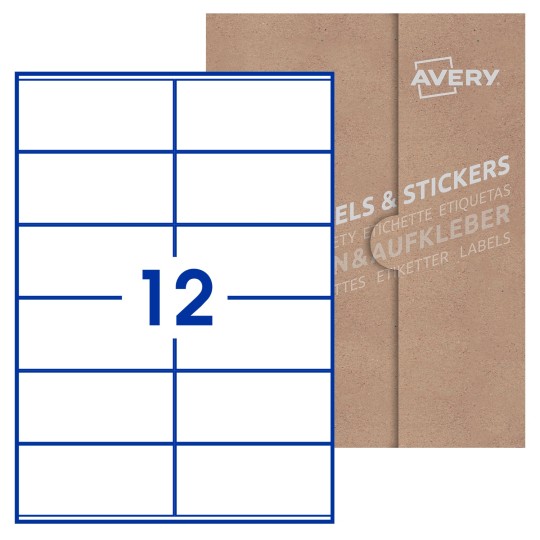 Hoja blanca con 12 etiquetas rectangulares 105x48mm con embalaje de papel