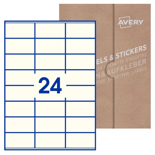 Hoja blanca con 24 etiquetas rectangulares 70x36mm con embalaje de papel
