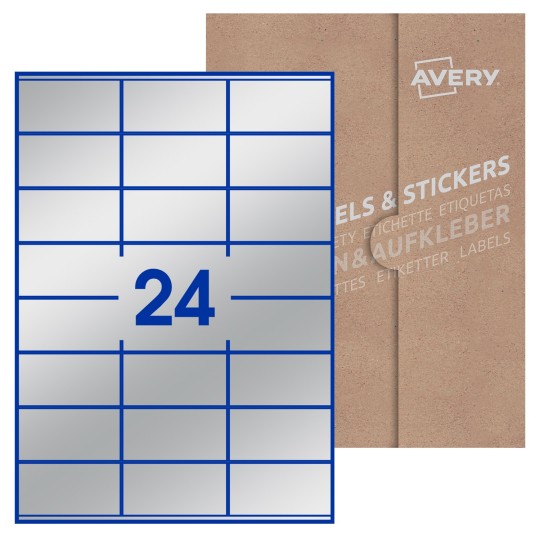 Hoja blanca con 24 etiquetas rectangulares 70x36mm con embalaje de papel