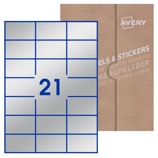 Hoja blanca con 21 etiquetas rectangulares 70x42mm con embalaje de papel