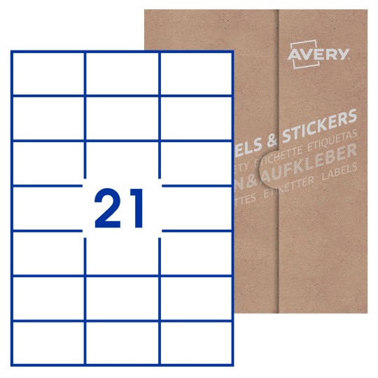 Hoja blanca con 21 etiquetas rectangulares 70x42mm con embalaje de papel