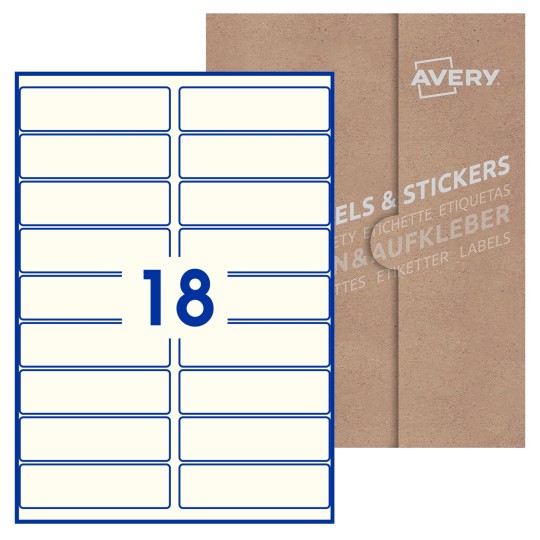 Hoja blanca con 18 etiquetas rectangulares 100x30mm con embalaje de papel