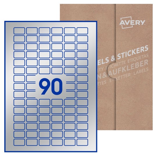 Hoja blanca con 90 etiquetas rectangulares 26x16mm con embalaje de papel