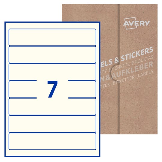 Hoja blanca con 7 etiquetas rectangulares 38x192mm con embalaje de papel