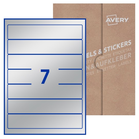 Hoja blanca con 7 etiquetas rectangulares 38x192mm con embalaje de papel
