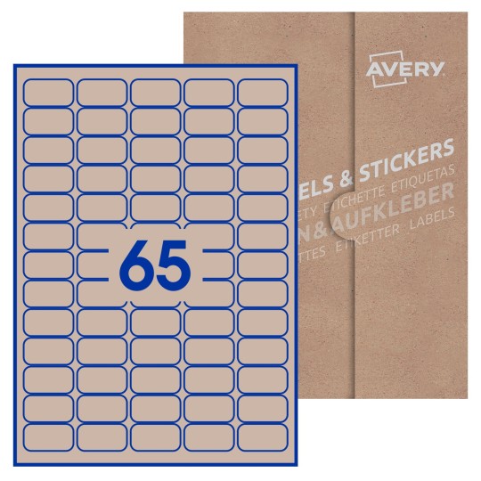Hoja blanca con 65 etiquetas rectangulares 38x21mm con embalaje de papel