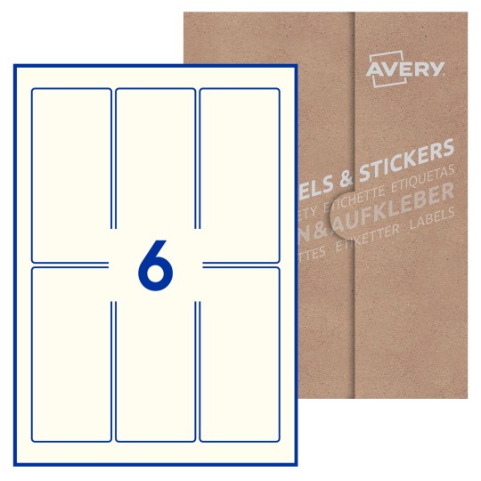 Hoja blanca con 6 etiquetas rectangulares 60x130mm con embalaje de papel
