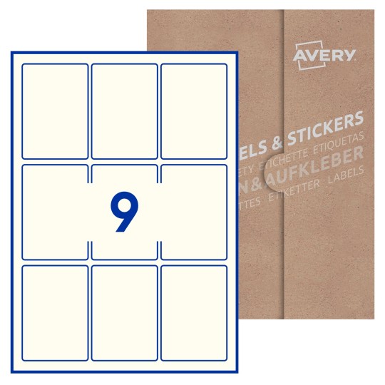 Hoja blanca con 9 etiquetas rectangulares 62x89mm con embalaje de papel