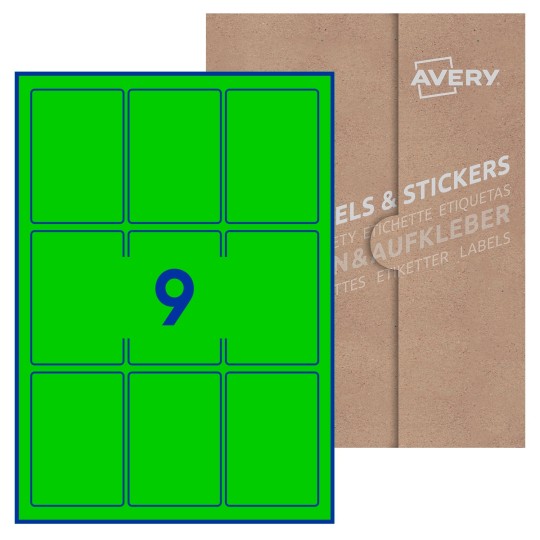 Hoja blanca con 9 etiquetas rectangulares 62x89mm con embalaje de papel