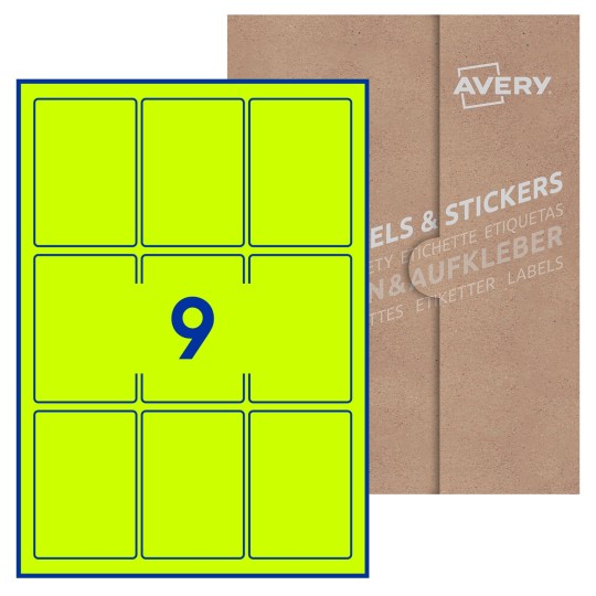 Hoja blanca con 9 etiquetas rectangulares 62x89mm con embalaje de papel