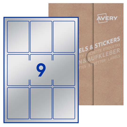 Hoja blanca con 9 etiquetas rectangulares 62x89mm con embalaje de papel