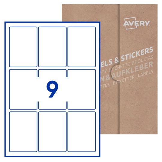Hoja blanca con 9 etiquetas rectangulares 62x89mm con embalaje de papel