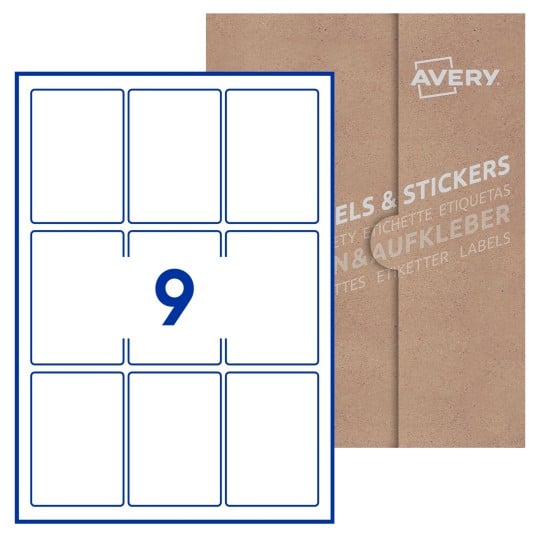 Hoja blanca con 9 etiquetas rectangulares 62x89mm con embalaje de papel