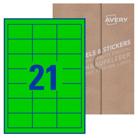 Hoja blanca con 21 etiquetas rectangulares 63x28mm con embalaje de papel