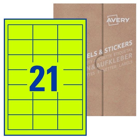 Hoja blanca con 21 etiquetas rectangulares 63x28mm con embalaje de papel