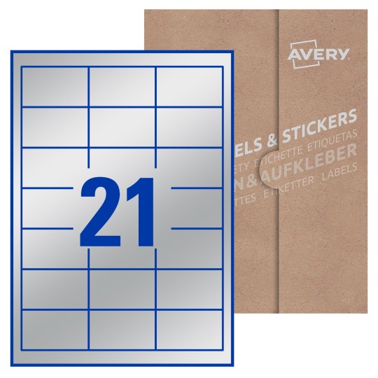 Hoja blanca con 21 etiquetas rectangulares 63x28mm con embalaje de papel