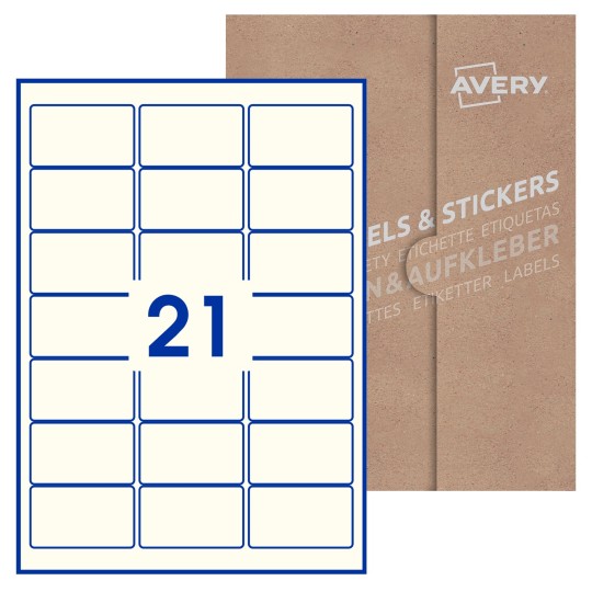 Hoja blanca con 21 etiquetas rectangulares 64x38mm con embalaje de papel