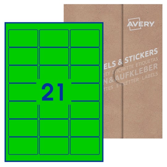 Hoja blanca con 21 etiquetas rectangulares 64x38mm con embalaje de papel