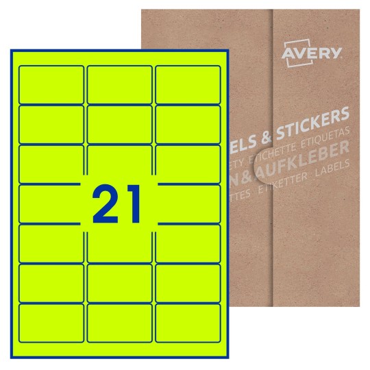Hoja blanca con 21 etiquetas rectangulares 64x38mm con embalaje de papel