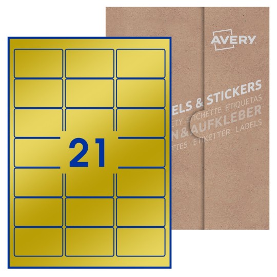 Hoja blanca con 21 etiquetas rectangulares 64x38mm con embalaje de papel