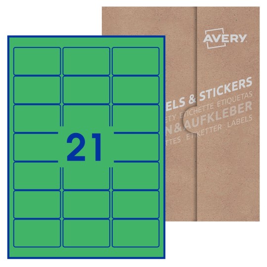 Hoja blanca con 21 etiquetas rectangulares 64x38mm con embalaje de papel