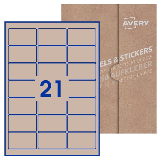 Hoja blanca con 21 etiquetas rectangulares 64x38mm con embalaje de papel