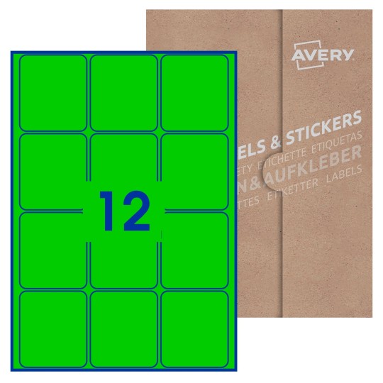 Hoja blanca con 12 etiquetas rectangulares 64x72mm con embalaje de papel