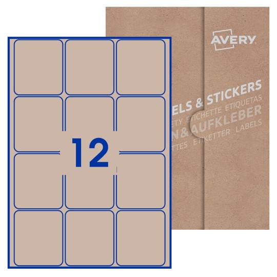 Hoja blanca con 12 etiquetas rectangulares 64x72mm con embalaje de papel