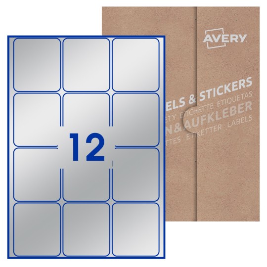Hoja blanca con 12 etiquetas rectangulares 64x72mm con embalaje de papel