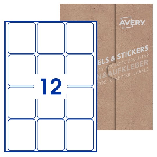Hoja blanca con 12 etiquetas rectangulares 64x72mm con embalaje de papel