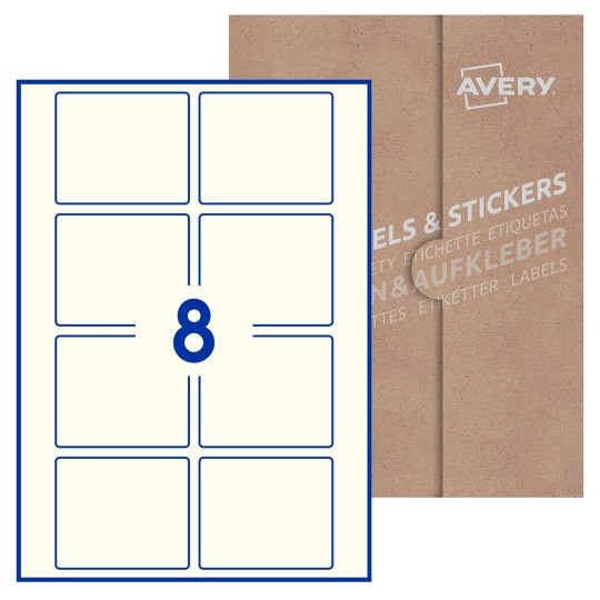 Hoja blanca con 8 etiquetas rectangulares 80x67mm con embalaje de papel