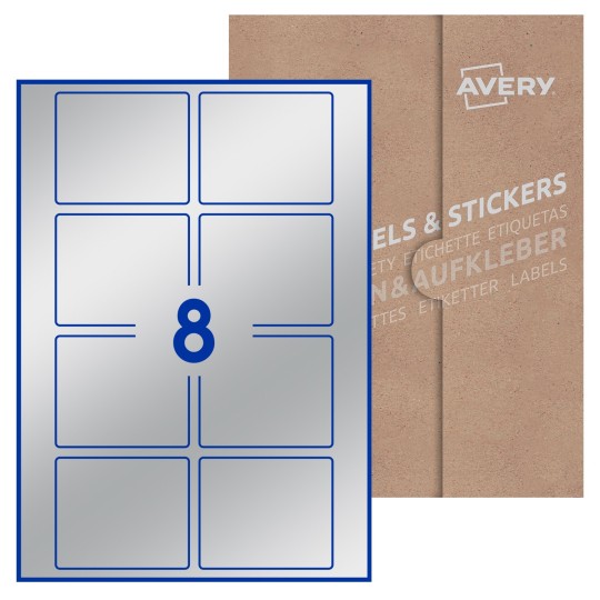 Hoja blanca con 8 etiquetas rectangulares 80x67mm con embalaje de papel