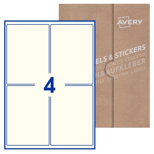 Hoja blanca con 4 etiquetas rectangulares 99x139mm con embalaje de papel
