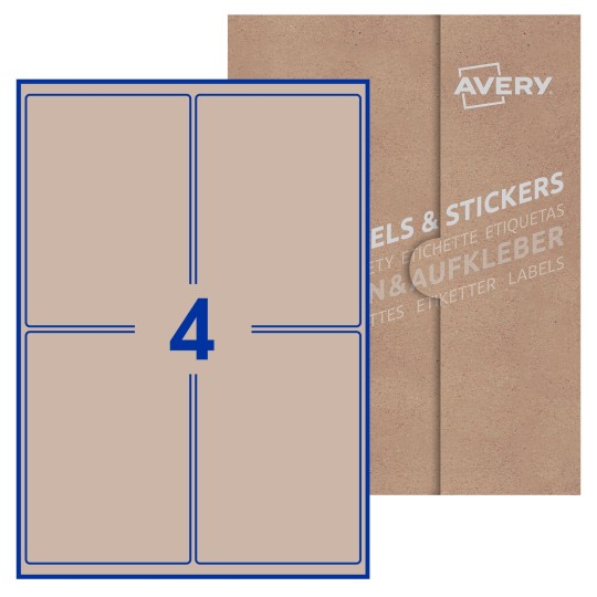 Hoja blanca con 4 etiquetas rectangulares 99x139mm con embalaje de papel