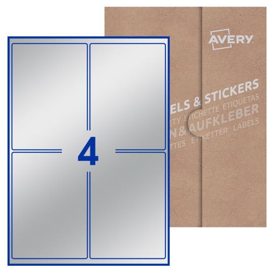 Hoja blanca con 4 etiquetas rectangulares 99x139mm con embalaje de papel