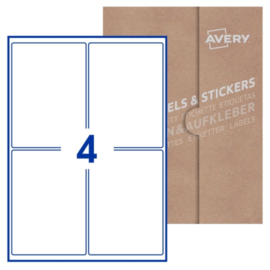 Hoja blanca con 4 etiquetas rectangulares 99x139mm con embalaje de papel