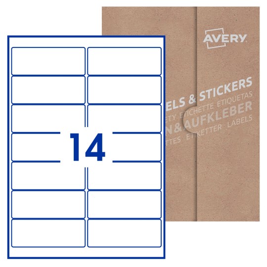 Hoja blanca con 14 etiquetas rectangulares 99x38mm con embalaje de papel