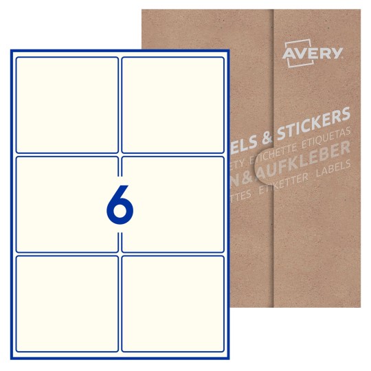 Hoja blanca con 6 etiquetas rectangulares 99x93mm con embalaje de papel