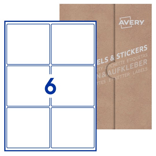 Hoja blanca con 6 etiquetas rectangulares 99x93mm con embalaje de papel