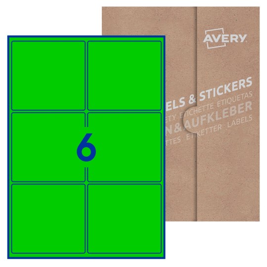 Hoja blanca con 6 etiquetas rectangulares 99x93mm con embalaje de papel