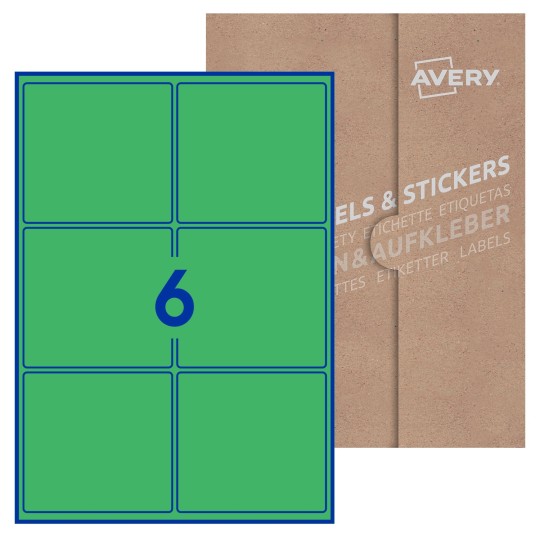 Hoja blanca con 6 etiquetas rectangulares 99x93mm con embalaje de papel